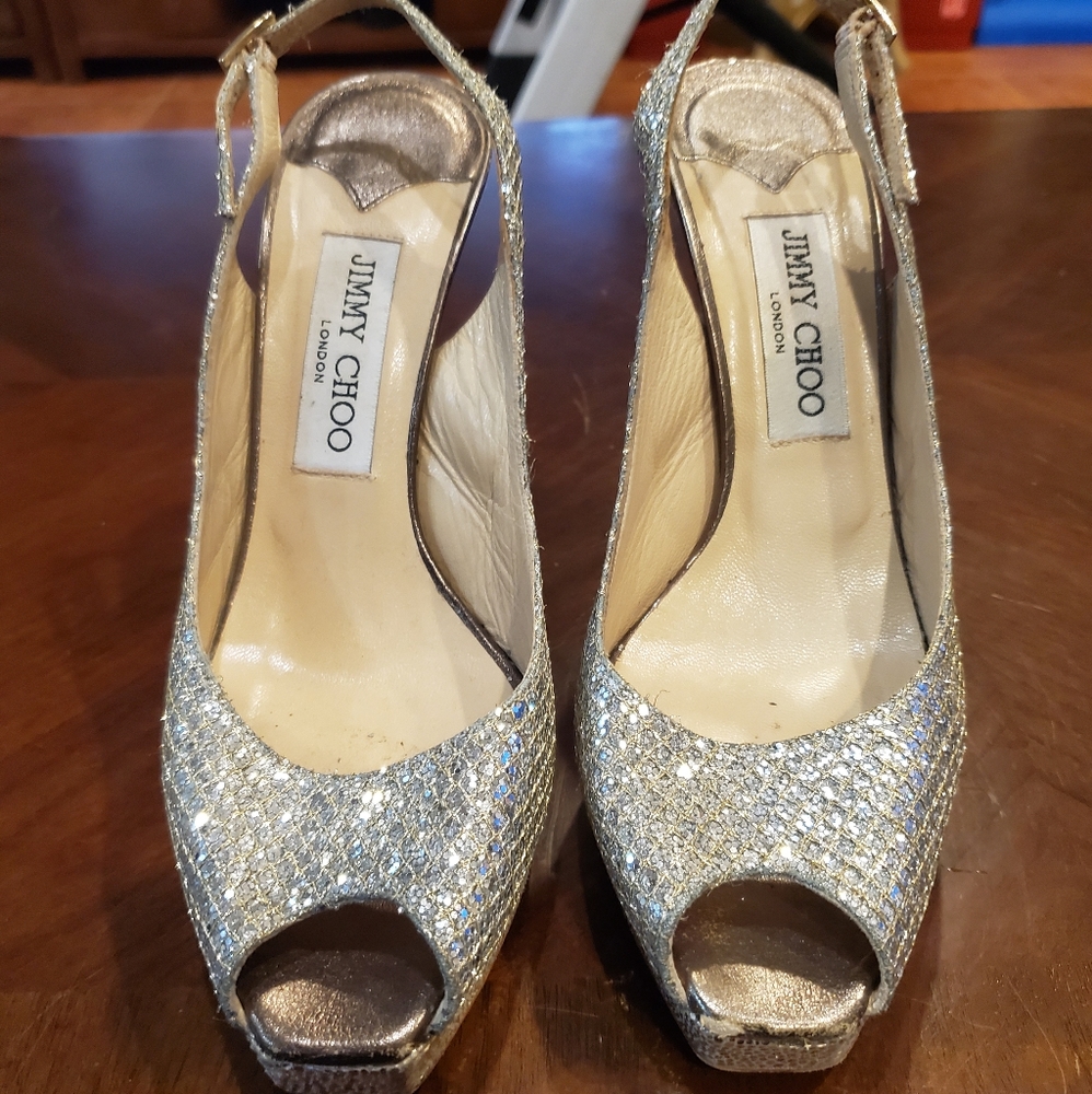Jimmy Choo Metallic Peep-Toe Sandalls